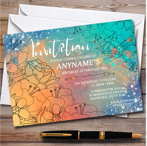 Beautiful Watercolour Splatter Paint Personalised Birthday Party Invitations