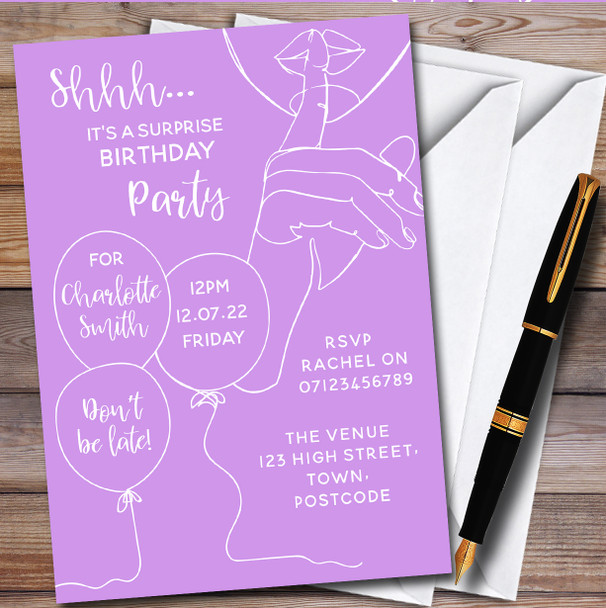 Shhh It's A Surprise Line Art Lilac Personalised Birthday Party Invitations