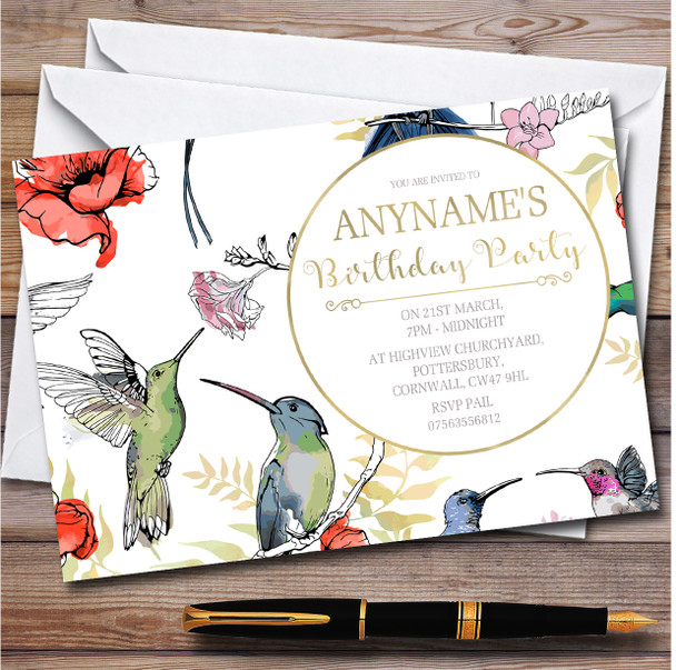 Beautiful Hummingbirds Gold Detail Personalised Birthday Party Invitations