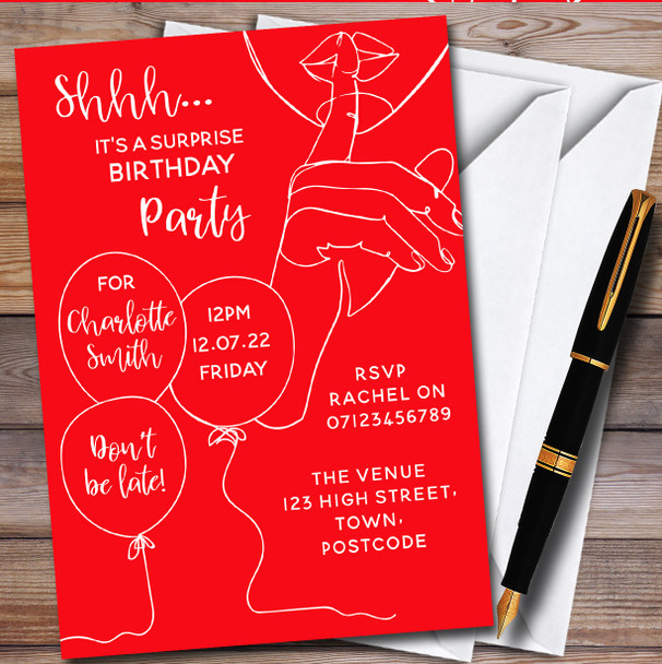 Shhh It's A Surprise Line Art Red Personalised Birthday Party Invitations