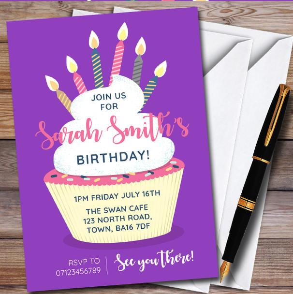 Cupcake And Candles Bright Purple Personalised Birthday Party Invitations