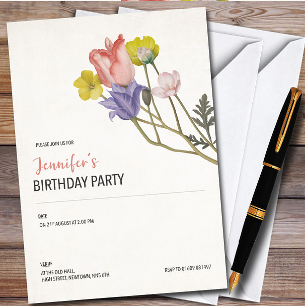 Modern Simple Watercolour Flowers Personalised Birthday Party Invitations