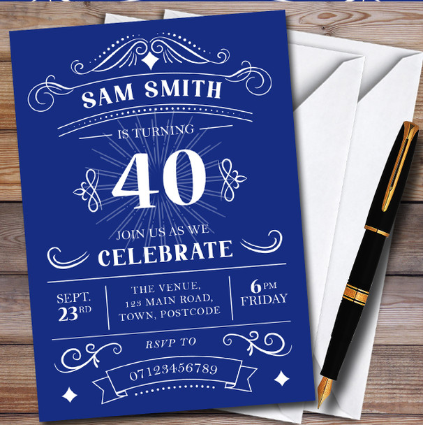 Typographic Vintage Any Age Blue Personalised Birthday Party Invitations
