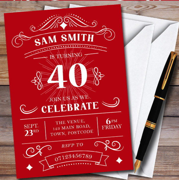 Typographic Vintage Any Age Red Personalised Birthday Party Invitations