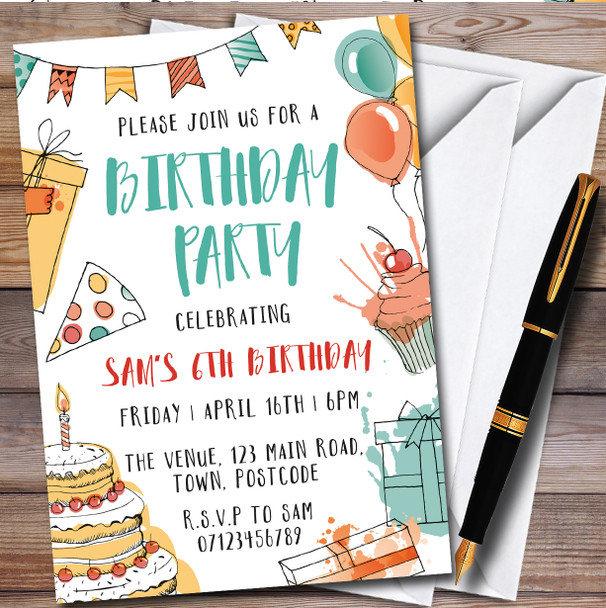 Cakes Gifts Balloons Green Red Personalised Birthday Party Invitations