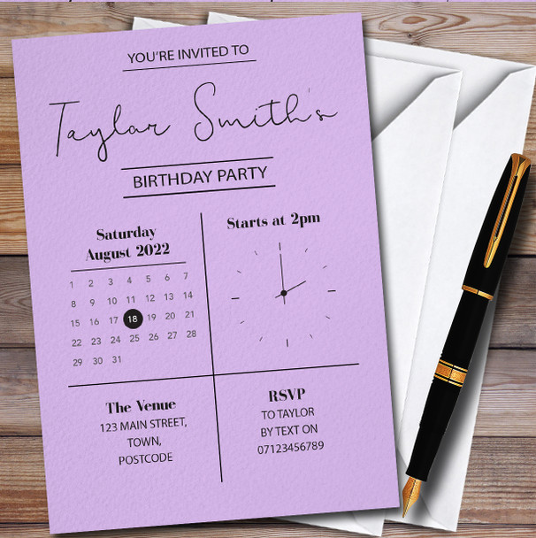 Minimal Clock & Calendar Lilac Personalised Birthday Party Invitations