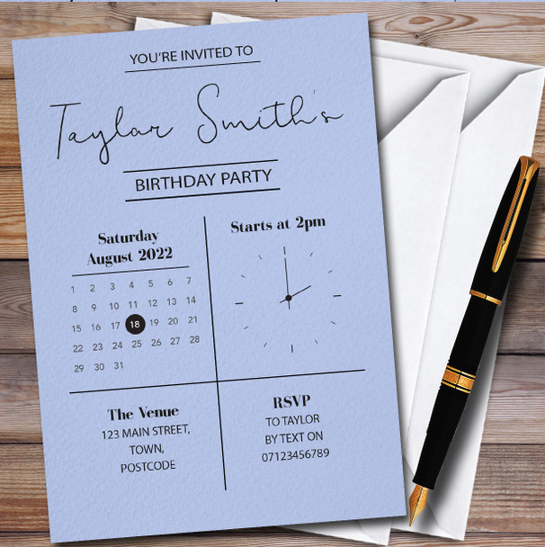 Minimal Clock & Calendar Blue Personalised Birthday Party Invitations