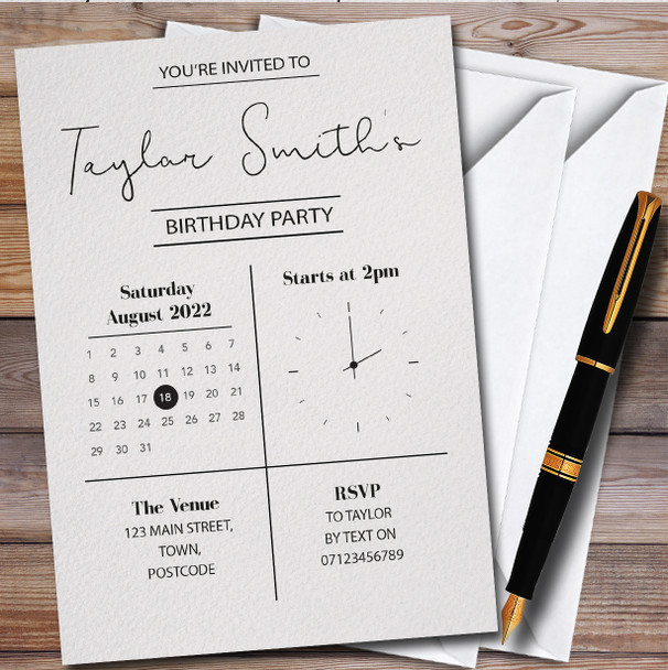 Minimal Clock & Calendar Grey Personalised Birthday Party Invitations