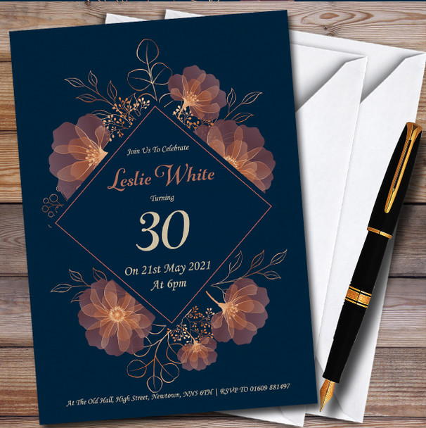 Copper Navy Blue Blush Floral Personalised Birthday Party Invitations