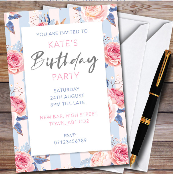 Blue Flower Pattern Stripes Personalised Birthday Party Invitations