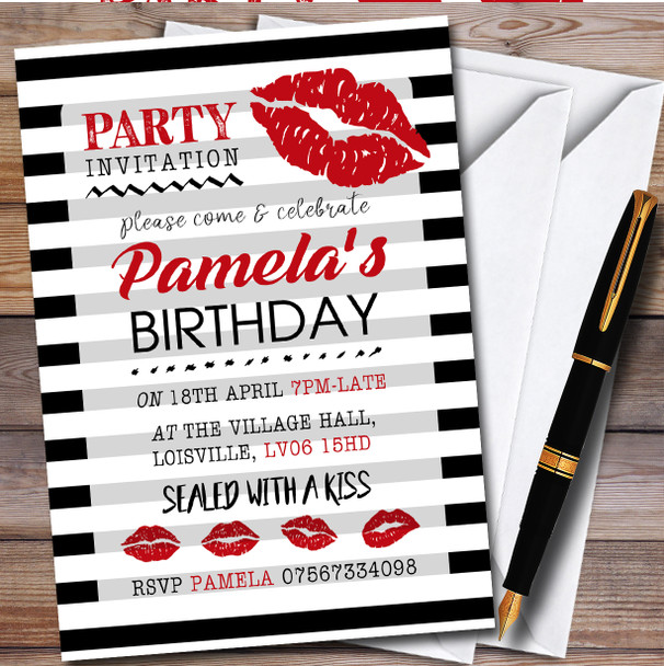 Funky Kissable Lips Striped Personalised Birthday Party Invitations Funky Kissable Lips Striped Personalised Birthday Party Invitations