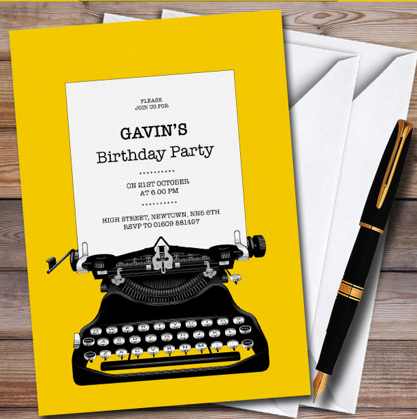 Black And Yellow Typewriter Personalised Birthday Party Invitations