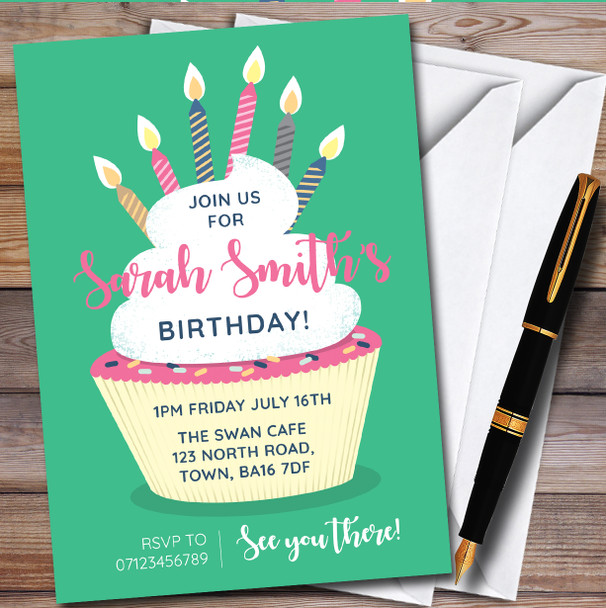 Cupcake And Candles Green Personalised Birthday Party Invitations