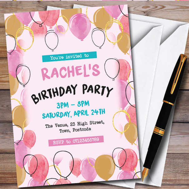 Gold Pink Balloons Sketch Personalised Birthday Party Invitations