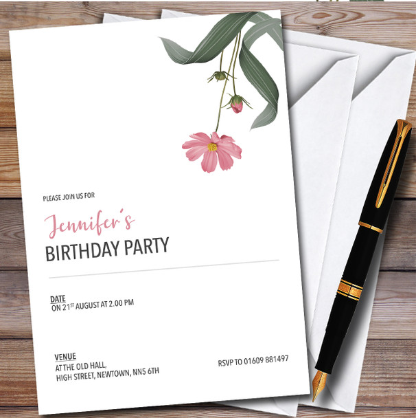 Modern Simple Pink Flower Personalised Birthday Party Invitations