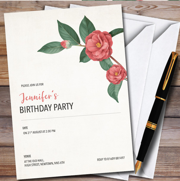 Modern Simple Red Flowers Personalised Birthday Party Invitations