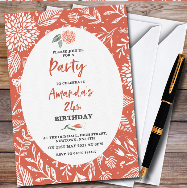 Coral Peach Autumn Floral Personalised Birthday Party Invitations