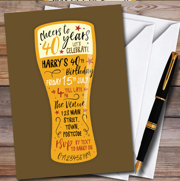 Pint Of Beer Lager Brown Personalised Birthday Party Invitations