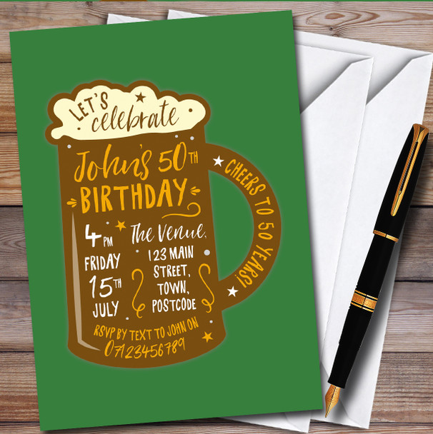 Beer Glass Tanker Green Personalised Birthday Party Invitations