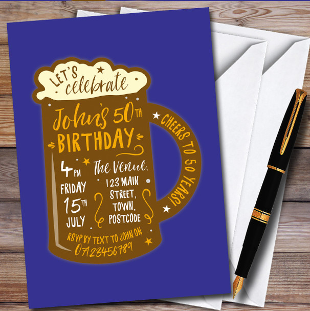 Beer Glass Tanker Blue Personalised Birthday Party Invitations