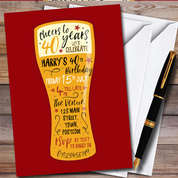 Pint Of Beer Lager Red Personalised Birthday Party Invitations