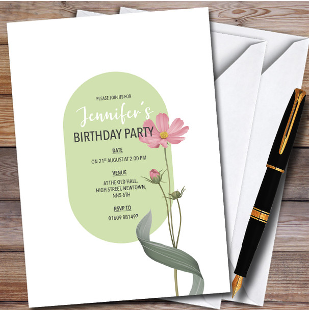 Green Oval Pink Flower Personalised Birthday Party Invitations
