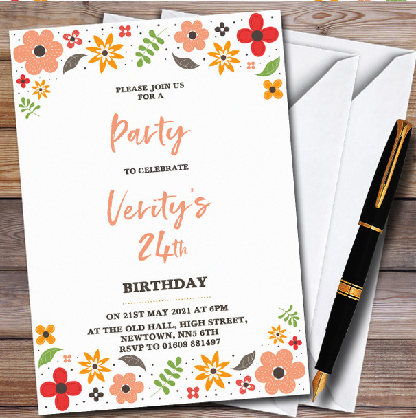 Simple Autumn Flowers Personalised Birthday Party Invitations