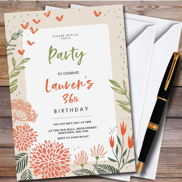 Autumn Flowers Border Personalised Birthday Party Invitations