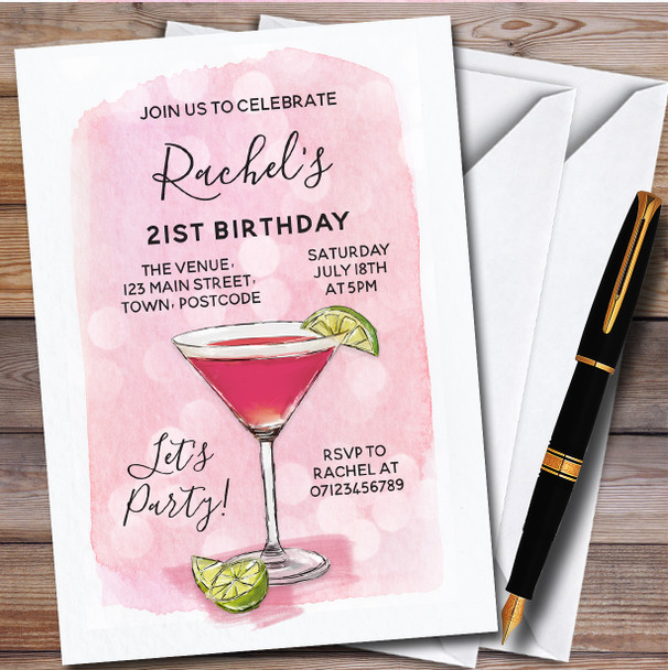 Cosmo Cocktail Pink Personalised Birthday Party Invitations