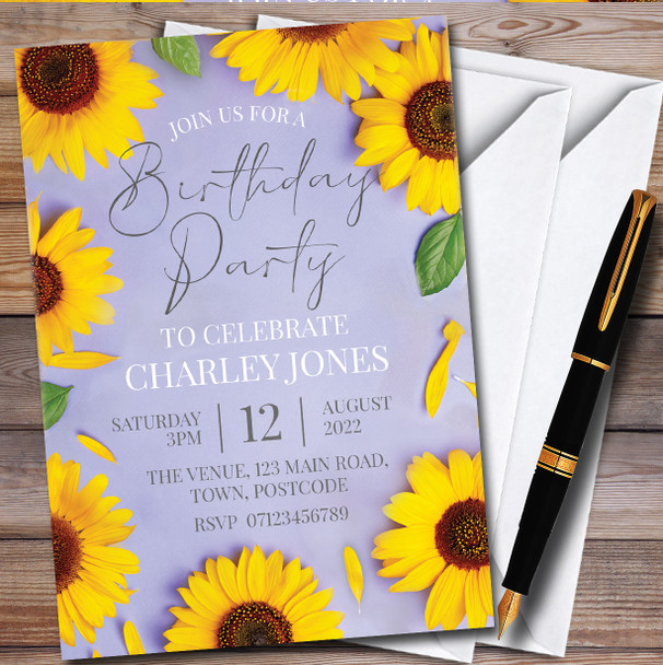Sunflower Purple Personalised Birthday Party Invitations