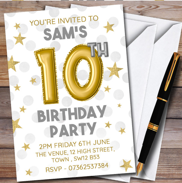 Gold Balloons & Stars 10th Personalised Birthday Party Invitations