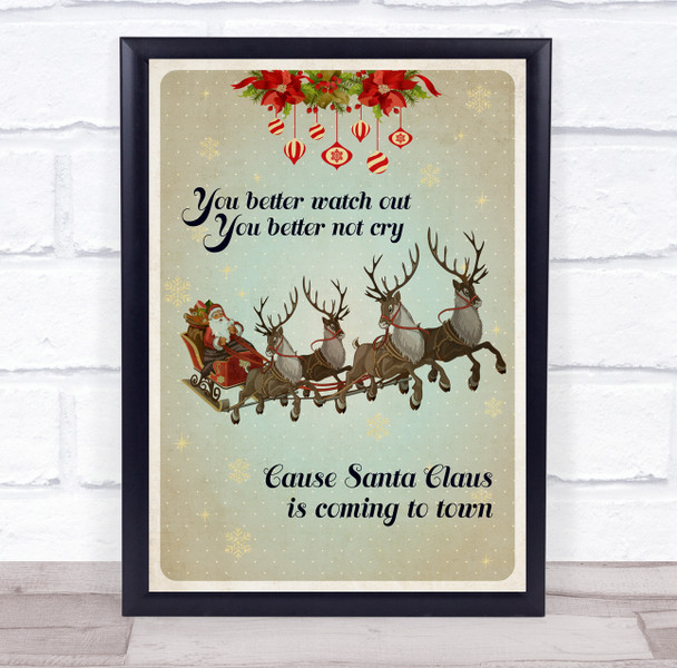 Santa On Sleigh You Better Watch Out Lyrics Christmas Wall Art Print