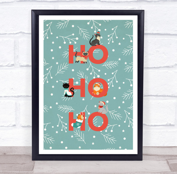 Cats Teal Portrait Christmas Ho Ho Ho Wall Art Print