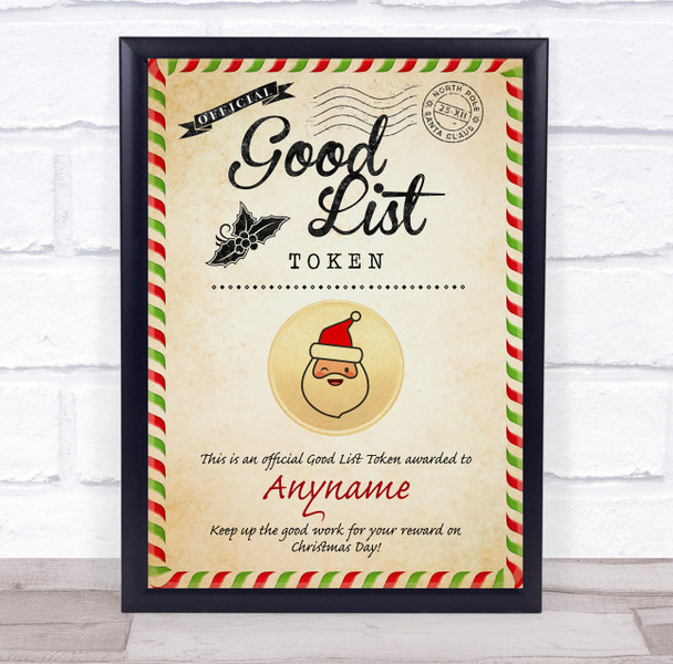 Christmas Vintage Style Good List Santa Token Personalised Certificate Award