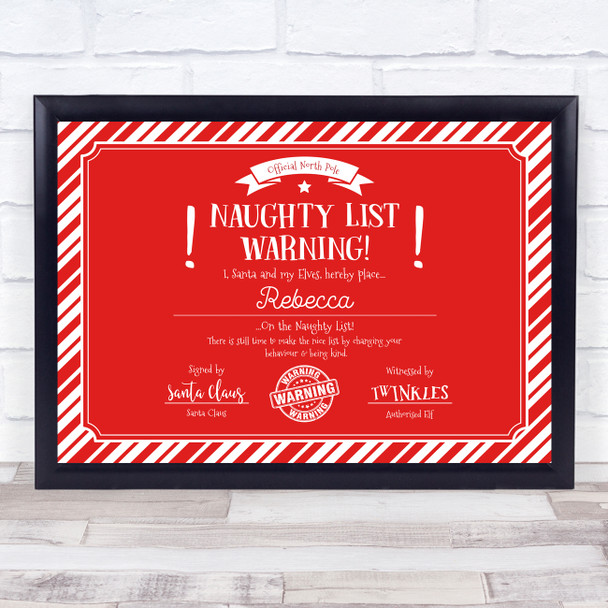 Christmas Naughty List Warning Red Personalised Certificate Award Print
