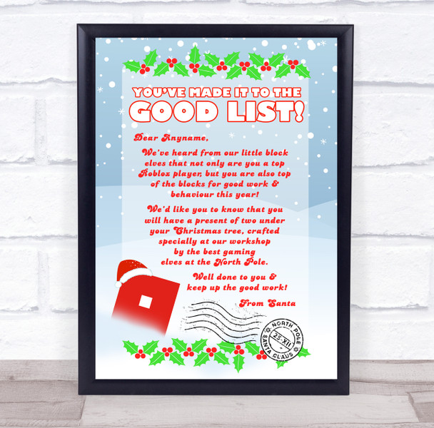 Roblox Christmas Santa Letter Certificate Award Print