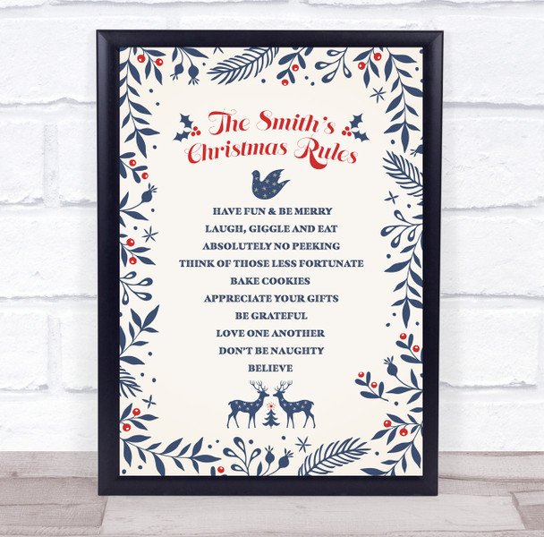 Personalised Family Name Blue Nature  Christmas Rules Event Sign Print