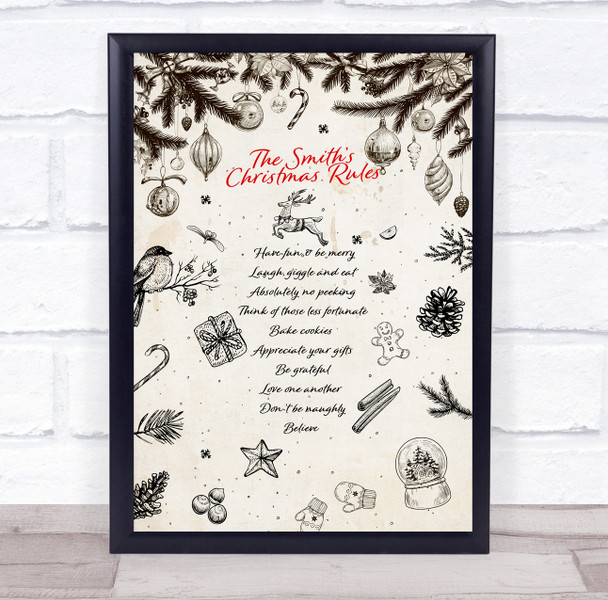 Personalised Family Name Vintage Christmas Rules Event Sign Print