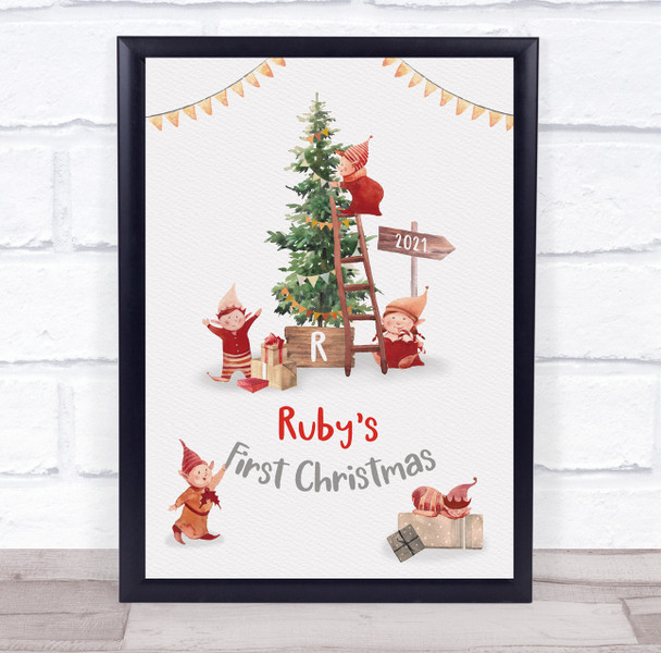 Personalised Baby First Christmas Elves Event Sign Wall Art Print