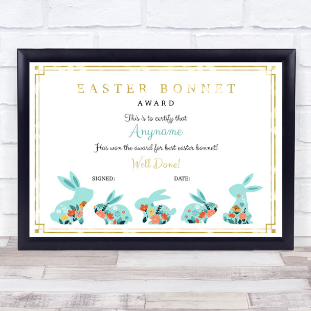 Vintage Easter Bunnies Gold Detail For Best Bonnet Personalised Certificate