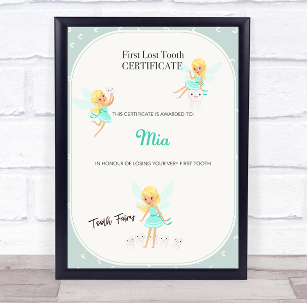 First Lost Tooth Blue Dress Tooth Fairy Personalised Certificate Award Print