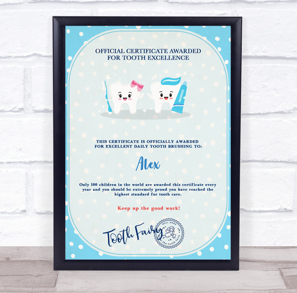 Blue Girl And Boy Tooth Fairy Official Personalised Certificate Award Print