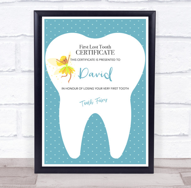 Blue First Lost Tooth Fairy Personalised Certificate Award Print