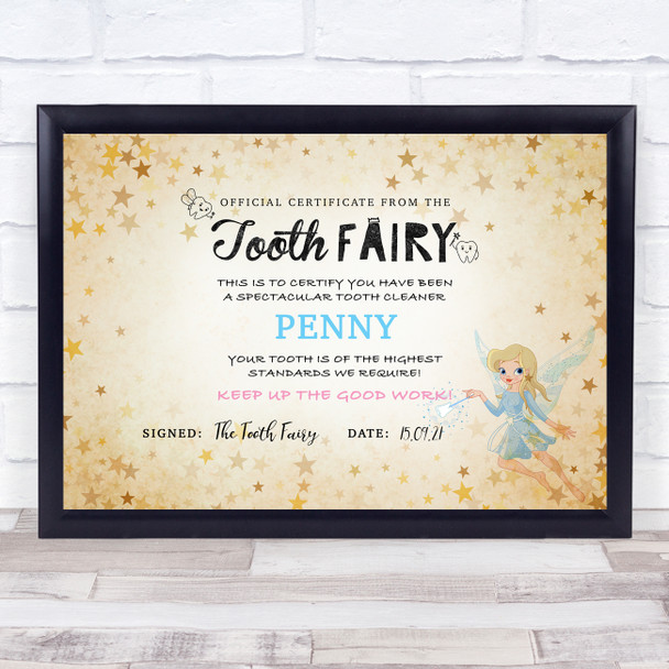 Vintage Style Tooth Fairy Personalised Certificate Award Print