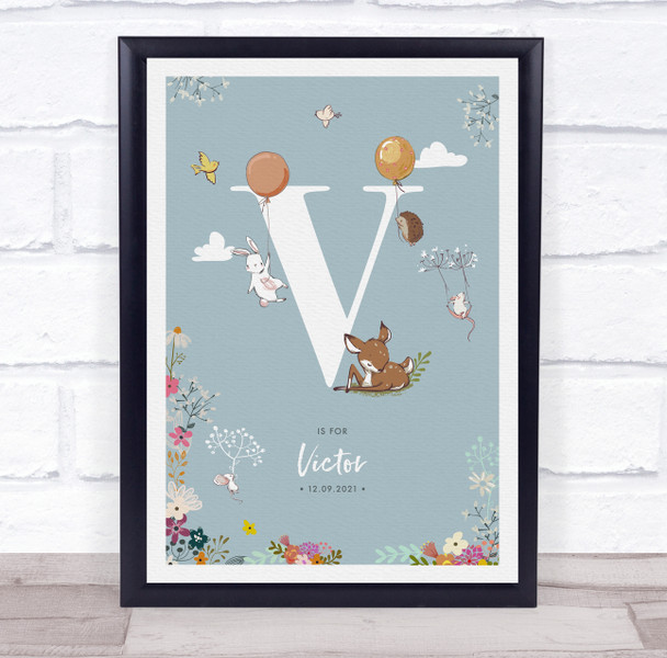 New Baby Birth Details Christening Nursery Woodland Animals Initial V Gift Print