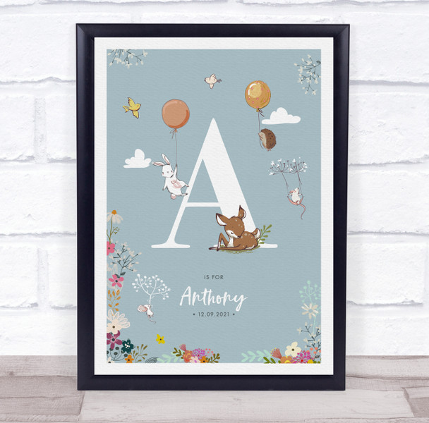 New Baby Birth Details Christening Nursery Woodland Animals Initial A Gift Print