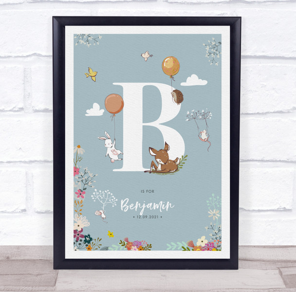 New Baby Birth Details Christening Nursery Woodland Animals Initial B Gift Print