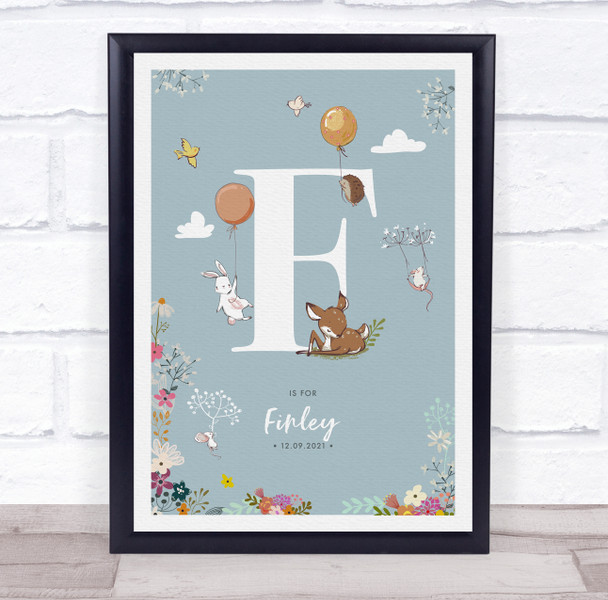 New Baby Birth Details Christening Nursery Woodland Animals Initial F Gift Print