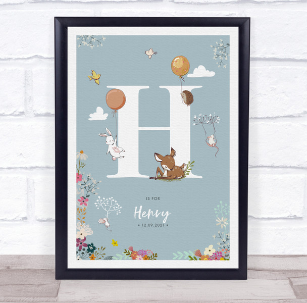 New Baby Birth Details Christening Nursery Woodland Animals Initial H Gift Print