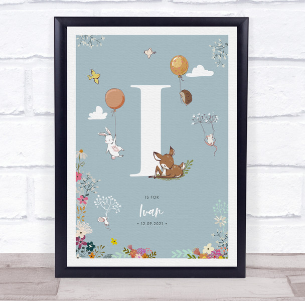 New Baby Birth Details Christening Nursery Woodland Animals Initial I Gift Print